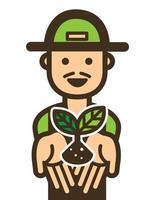 un agricultor que muestra la plántula en las manos con una sonrisa y felicidad. vector ilustrar, icono.