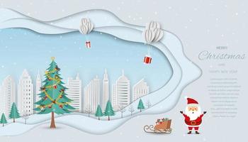 feliz navidad y próspero año nuevo tarjeta de felicitación, santa claus envía regalos con globos vector