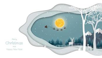 Merry Christmas and Happy new year greeting card, night scene winter background with Santa Claus flying on sleigh pulled by reindeer over forest vector