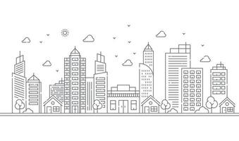 Illustration of large buildings and trees in thin lines style vector