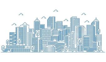 Illustration of buildings in line style with various shapes of buildings. Beautiful urban views with trees vector