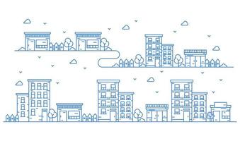 Illustration of buildings in line style with various shapes of buildings. Beautiful urban views with trees vector