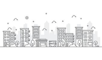 Illustration of buildings in line style with various shapes of buildings. Beautiful urban view with trees. vector