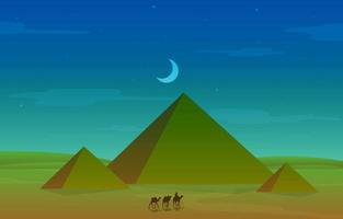 caravana de camellos cruzando egipto pirámide desierto paisaje árabe ilustración vector