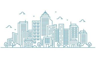 Illustration of large buildings and trees in thin lines style vector