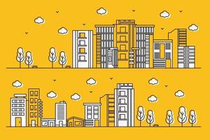 Urban illustration with various shapes of buildings in line style of paper with trees vector