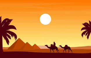 caravana de camellos cruzando egipto pirámide desierto paisaje árabe ilustración vector