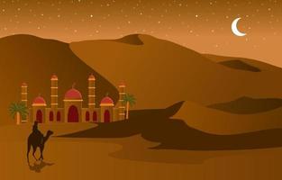 escena nocturna del desierto con mezquita y palmeras ilustración vector