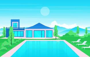 exterior de la villa de la casa moderna con piscina en la ilustración del patio trasero vector