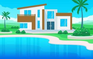 Modern House Villa Exterior with Swimming Pool at Backyard Illustration vector