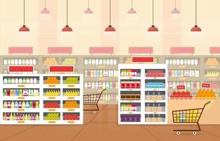 supermercado tienda de comestibles interior ilustración plana