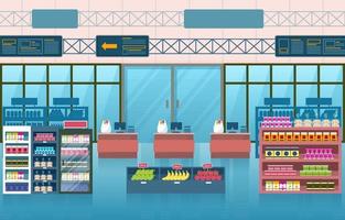 supermercado tienda de comestibles interior ilustración plana vector