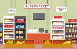 supermercado tienda de comestibles interior ilustración plana vector