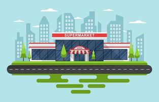 Supermarket Grocery Store in City Flat Illustration vector