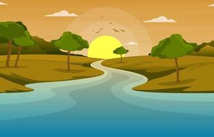 Morning Landscape Scene with River, Forest, and Hills vector