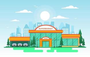 Supermarket Grocery Store in City Flat Illustration vector