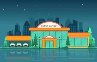 Supermarket Grocery Store in City Flat Illustration vector