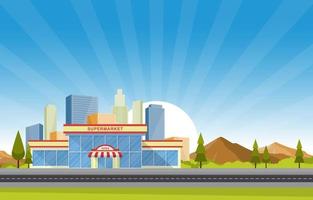 Supermarket Grocery Store in City Flat Illustration vector