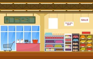 supermercado tienda de comestibles interior ilustración plana vector