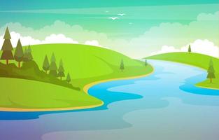 paisaje natural con río sinuoso, montañas y bosque. vector