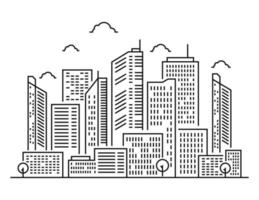 Thin line City landscape. Downtown landscape with high skyscrapers on white background vector