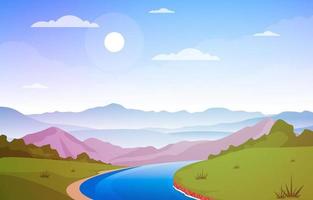 paisaje natural con río sinuoso, montañas y bosque. vector