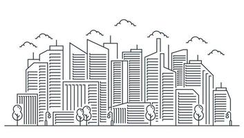 Thin line City landscape. Downtown landscape with high skyscrapers on white background vector