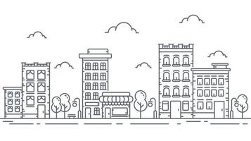 Thin line style city panorama on white background. Outline cityscape vector