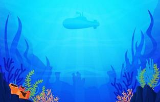 Underwater Scene with Submarine, Fish and Coral Reef Illustration vector