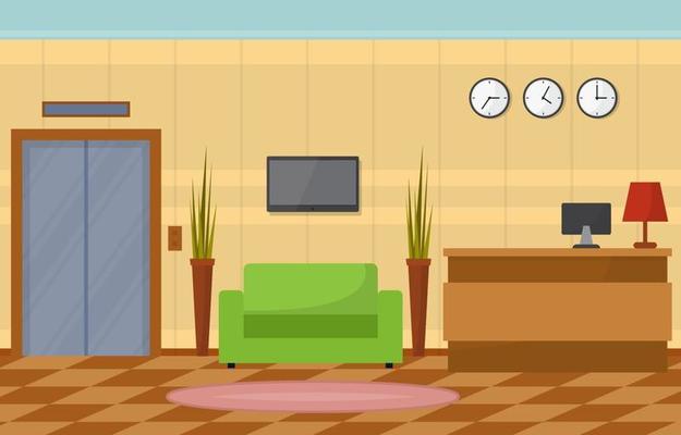Hotel Lobby with Reception Desk and Furniture Illustration