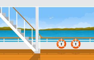 Cruise Ship Deck with Lifebuoy and Ocean Landscape vector