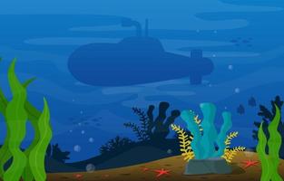 Underwater Scene with Submarine, Fish and Coral Reef Illustration vector