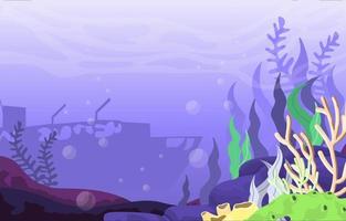 Underwater Scene with Sunken Ship and Coral Reef Illustration