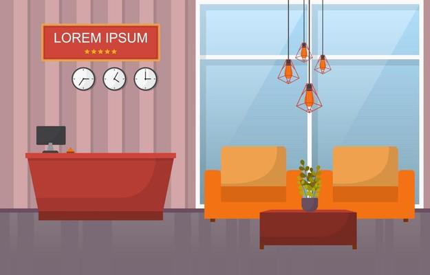 Hotel Lobby with Reception Desk and Furniture Illustration