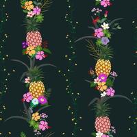 Pineapple with colorful tropical flowers and leaves seamless pattern on dark summer night background vector