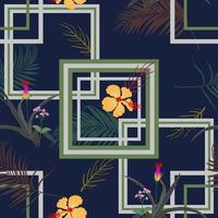 Geometric seamless pattern with tropical flowers and leaves on navy blue background vector