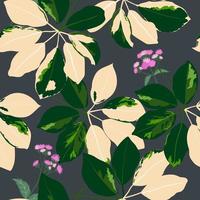 Fashionable tropical garden leaves with purple wildflowers seamless pattern on dark background vector