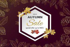 Autumn sale template banner,paper art leaves background with space for text on hexagon frame vector