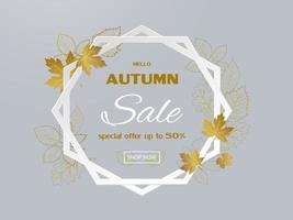 Autumn sale banner design with golden leaves on hexagon frame vector