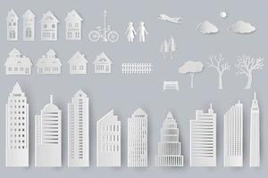 conjunto de edificios, casas, árboles, objetos aislados para el diseño en estilo de corte de papel vector