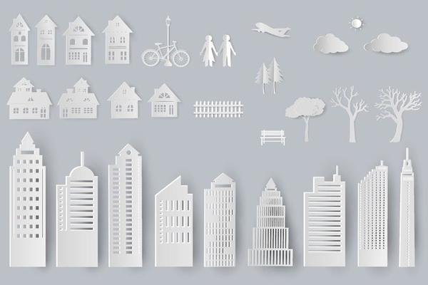 Set of buildings,houses,trees isolated objects for design in paper cut style