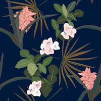 Tropical flowers and leaves on dark summer night seamless pattern
