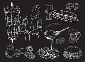 Shawarma cooking and ingredients for kebab. vector