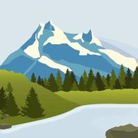 Snowy mountains, green meadows with pine forest and a river. Vector illustration