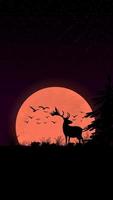 Sunset in the field, silhouette of deer, birds, trees and grass against the moon vector