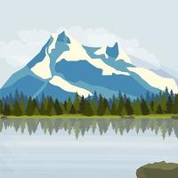 Snowy mountains, green meadows with pine forest and a lake. Vector illustration