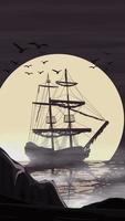 el barco se encuentra en el puerto contra la luna que va más allá del horizonte. vector