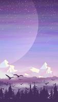 Pine forest, snowy mountains, morning landscape with starry sky and large planet in the sky. Vector illustration