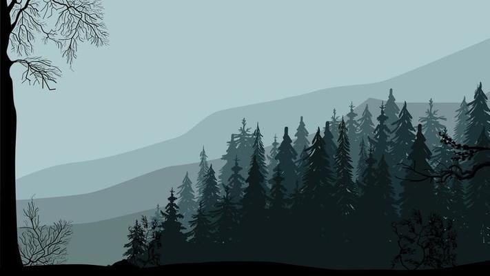 Dark pine forest, mountains and gray sky, spring gray landscape.
