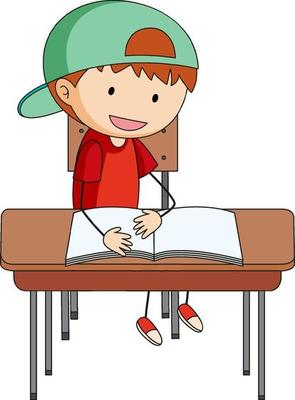 A boy doing homework doodle cartoon character